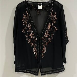 Helene Blake - 1X, Sheer zippered jacket, rose gold/copper floral beading